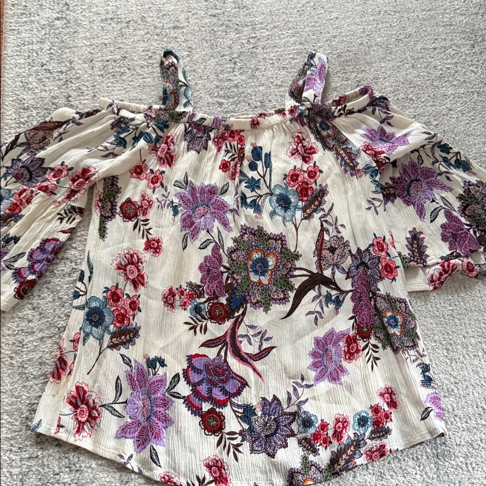 Aqua Floral Cold-Shoulder Blouse